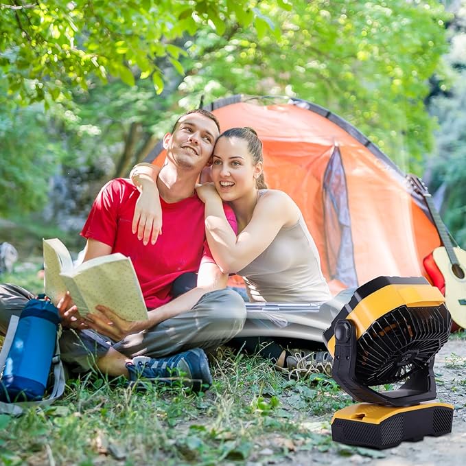 Camping Fan 20000mAh Rechargeable Battery Operated fan Outdoor Tent Fan with Light & Hook 270° Pivot, knob Speeds, Personal fan USB Desk Fan for Camping Power Outage Yellow X68