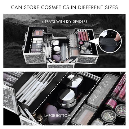 Frenessa Makeup Case Makeup Box Cosmetic Organizer Case Portable Make Up Travel Case Storage Box 4 Trays with Dividers Lockable Hard Train Case Nail Tech Supply Storag Silver Floral