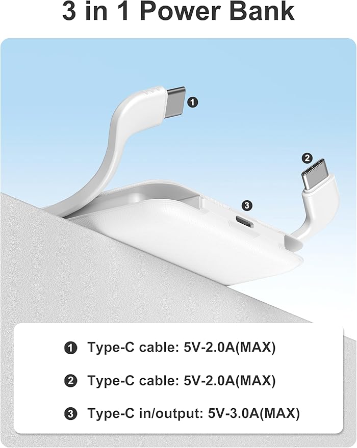 miisso 10000mAh Compatible with iPhone 15/16/17 and Android, Slim Portable Charger with Built in Cable, Power Bank Travel Charger External Battery Pack for Phone, 3 Output USB Type C Cord, White