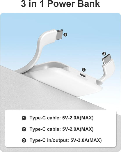 miisso 10000mAh Compatible with iPhone 15/16/17 and Android, Slim Portable Charger with Built in Cable, Power Bank Travel Charger External Battery Pack for Phone, 3 Output USB Type C Cord, White