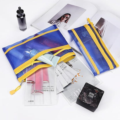 12 Pieces Zipper Nylon Mesh Pouch, Mesh Cosmetic Bags Makeup Bags Pencil Case, Multipurpose Travel Bags for Cosmetic School Office Supplies and Travel Accessories (2 Layers-Blue, A5)