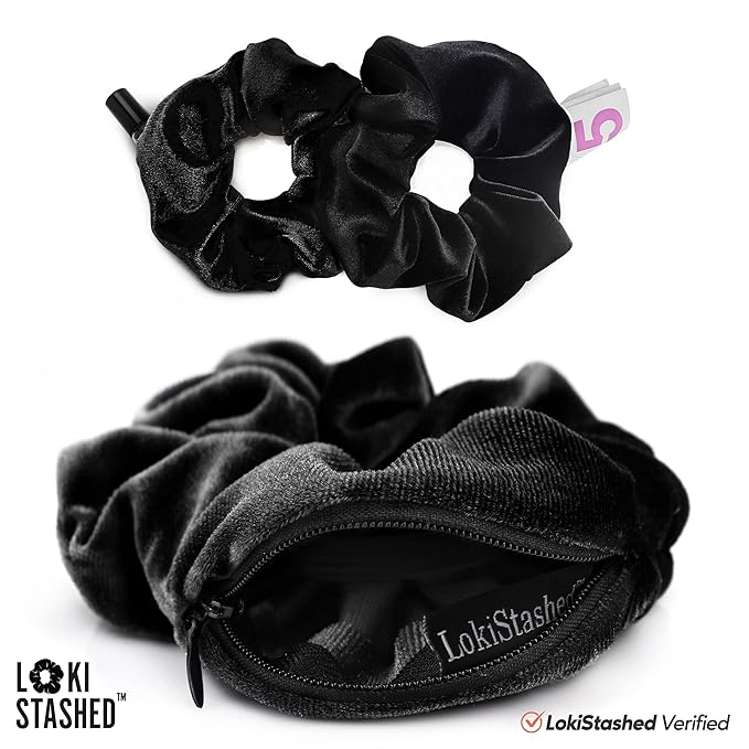 3-PACK Velvet Hair Tie Scrunchies for VSCO Girls & Women, THE ORIGINAL HIDDEN POCKET SCRUNCHIE with Zipper Pocket Storage, Accessories, Small Items, Keys, Money (Triple Black Set)
