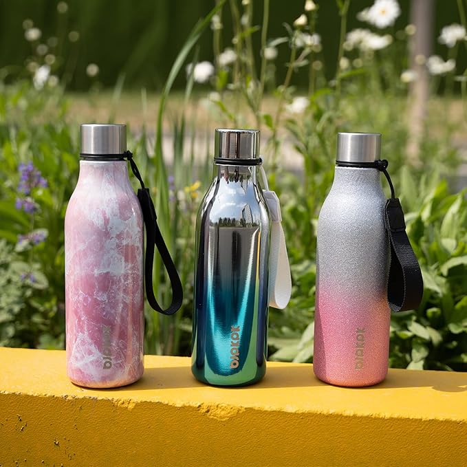 BJPKPK Insulated Water Bottles, 18 oz Stainless Steel Metal Water Bottle with Strap, BPA Free Leak Proof Jugs,Mugs,Flasks, Reusable Thermal Flasks for Sports & Travel,Sparkling Silver Pink