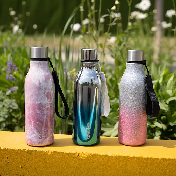 BJPKPK Insulated Water Bottles, 18 oz Stainless Steel Metal Water Bottle with Strap, BPA Free Leak Proof Jugs,Mugs,Flasks, Reusable Thermal Flasks for Sports & Travel, Sparkling Silver Blue