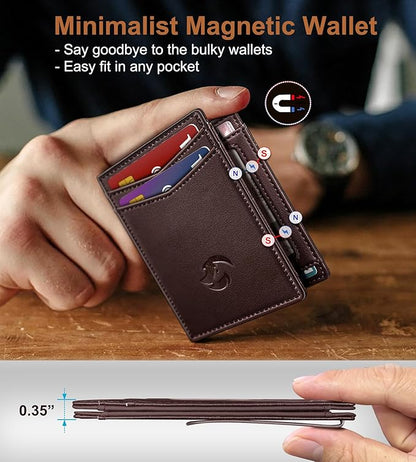 Magnetic Closure Slim Wallet with Money Clip Gift Boxed,Genuine Leather Front Pocket Wallet for Men, 3.9"x 2.8", RFID Blocking