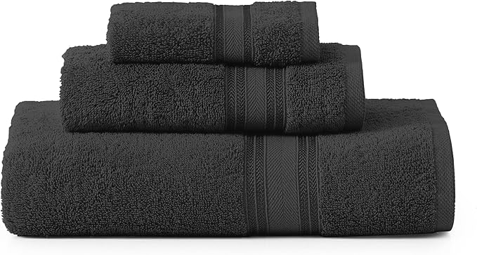 LANE LINEN Luxury Towels Set - 3 Piece Set, 100% Cotton Bathroom Towels, Zero Twist, Quick Dry Shower Towels, Absorbent Bath Towel, Super Soft, 1 Bath Towel, 1 Hand Towel, 1 Wash Cloths - Black