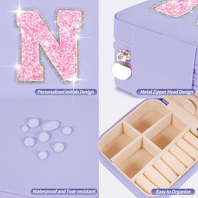 Personalized Jewelry Case for Women Girls - Fashion Mini Jewelry Boxes - Trendy Travel Jewelry Organizer with Initials Letter - Teen Gifts | Lavender,N
