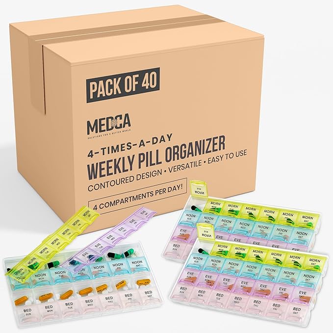 MEDca Pill Organizers - (40 Pack Bulk) Large Pill Organizer with Weekly and Daily 4-Times-A-Day Compartments for Morning, Noon, Evening, Night - BPA-Free, Portable and Travel Friendly Pill Boxes Case