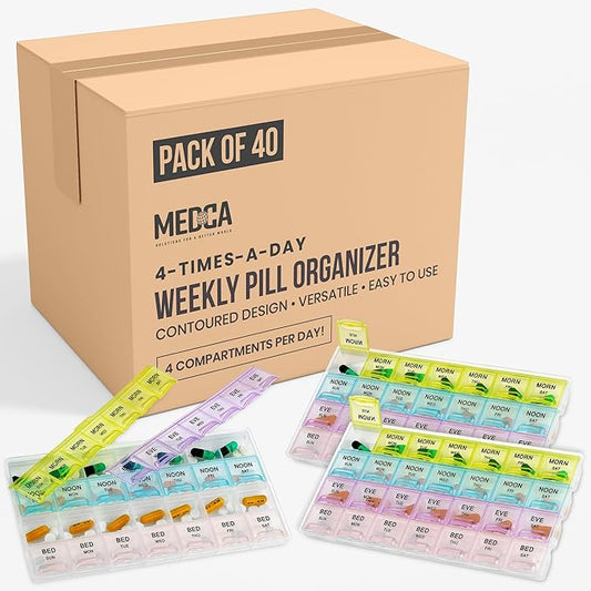 MEDca Pill Organizers - (40 Pack Bulk) Large Pill Organizer with Weekly and Daily 4-Times-A-Day Compartments for Morning, Noon, Evening, Night - BPA-Free, Portable and Travel Friendly Pill Boxes Case