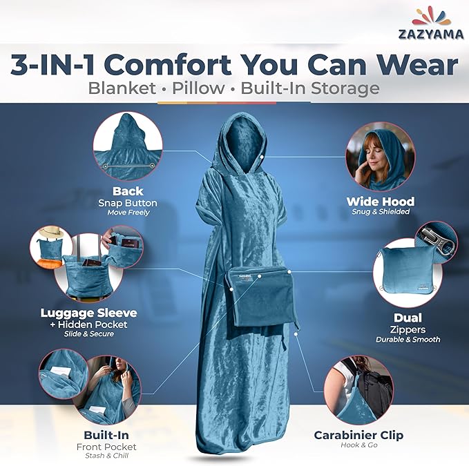 3-in-1 Travel Blanket Airplane – Compact with Bag & Pillow Combo Set, Dusty Blue Ultra-Soft Fleece | Packable Blanket Compact | Hidden Pocket | Trolley Sleeve | Carabiner | Travel Essentials