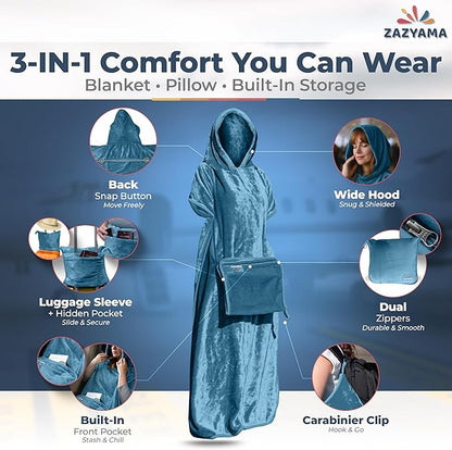 3-in-1 Travel Blanket Airplane – Compact with Bag & Pillow Combo Set, Dusty Blue Ultra-Soft Fleece | Packable Blanket Compact | Hidden Pocket | Trolley Sleeve | Carabiner | Travel Essentials