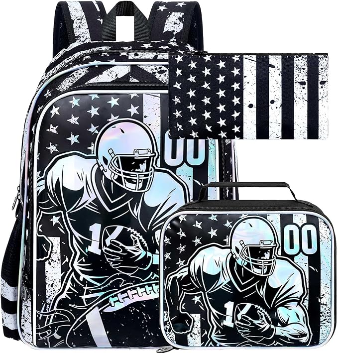 WZLVO 3PCS Rugby School Backpack, 17" Cool UV Printing Boys Football Bookbag/School Bag with Lunch Box & Pencil Bag for Elementary to Middle - Star-Spangled Rugby