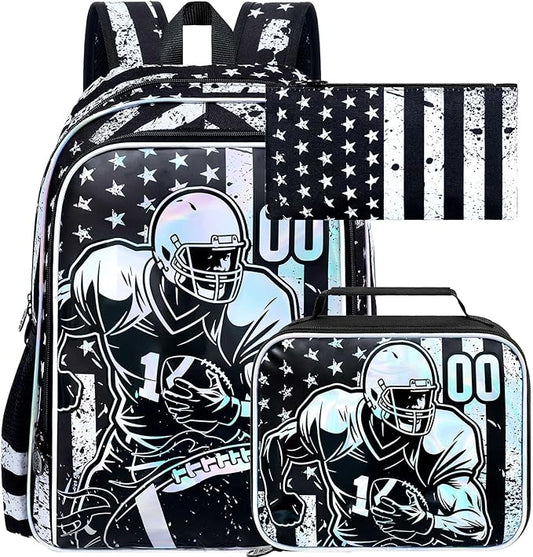 WZLVO 3PCS Rugby School Backpack, 17" Cool UV Printing Boys Football Bookbag/School Bag with Lunch Box & Pencil Bag for Elementary to Middle - Star-Spangled Rugby