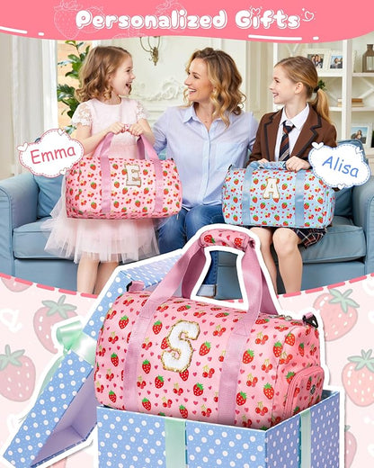Cute Gifts for Girls, Travel Duffle Bag for Kids, Initial Overnight Sleepover Weekender Bag with Toiletry Bag, Birthday Christmas Gift Ideas for 4-8, 8-12, 13-16 Year Old Girls, Trendy Stuff