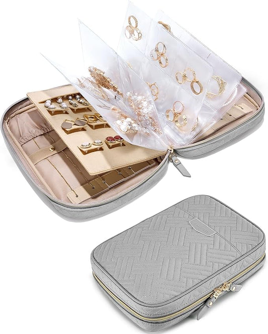 BAGSMART Jewelry Travel Organizer Case for Home Jewelry Organizer Storage Ring Binder Clear Bags Zipper Rolls Pouch for Necklaces, Earrings, Rings, Bracelets, Grey