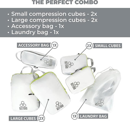 Beeyond Compression Packing Cubes Set - 6 Pieces for Travel and Luggage Organization, Includes Large & Small Cubes, Accessories Bag, and Laundry Bag
