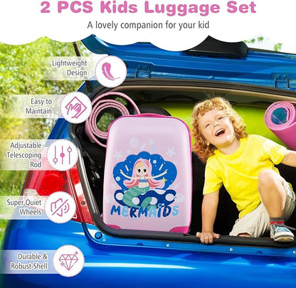 KOTEK Kids Carry On Luggage Set, 16" Hardside Rolling Suitcase with Spinner Wheels, Travel Rolling Luggage for Boys Girls (Mermaid)