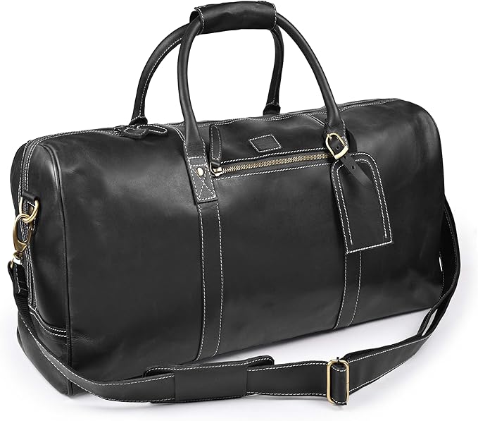 Leather Village Premium Leather Duffel Bags for Men & Women-Stylish Travel Weekender Carry-On Sports Gym Overnight Luggage Bag - 24 Inch - Black