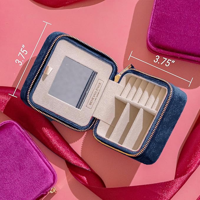 Benevolence LA Plush Velvet Jewelry Box | Travel Jewelry Case Organizer with Mirror | Featured in Oprah's Favorite Things | Best Gifts For Daughter, Girlfriend, Mom | Gifts For Her - Navy Blue