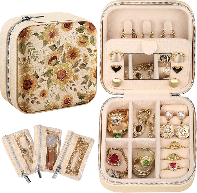 Bistup Travel Jewelry Case - Small Jewelry Organizers and Storage Box for Women Girls Teens Cute Traveling Jewelry Holder with Mirror Little Tiny Compact Modern Unique Aesthetic Pretty, Sunflower