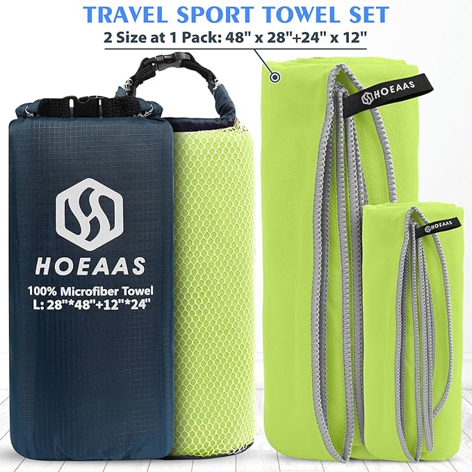 HOEAAS 2 Pack Microfiber Camping Towels, Quick Dry Towel, Super Absorbent Ultra Compact Travel Towel Soft Lightweight Sports Towel for Sweat Fast Drying Towels for Pool,Gym,Hiking,Backpacking,Fitness