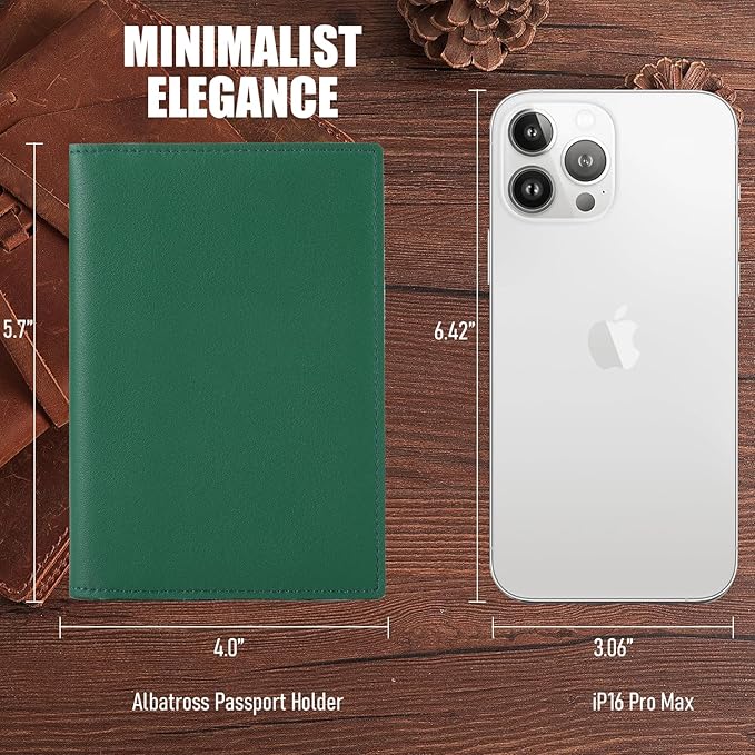 STAR VISTA Albatross Leather Travel Passport Holder, Minimalist Design, Calfskin Leather Case for Women and Men - Slim Passport Wallet, Bifold, RFID Blocking, with AirTag Holder, Green