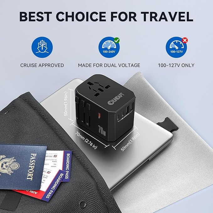 Unidapt Universal Travel Adapter, 70W International Plug Adapter with 3 USB-C PD Fast Charging & 2 USB-A Quick Charger Worldwide Adaptor for USA EU UK AUS Black (JY305-MAX)
