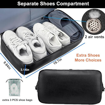 weiatas Faux Leather Travel Duffel Bag for Women Men, Large Weekender Overnight Bag with Shoes Compartment, Waterproof Carry On Bag Travel Tote Bag Gym Bag with Luggage Strap (Black)