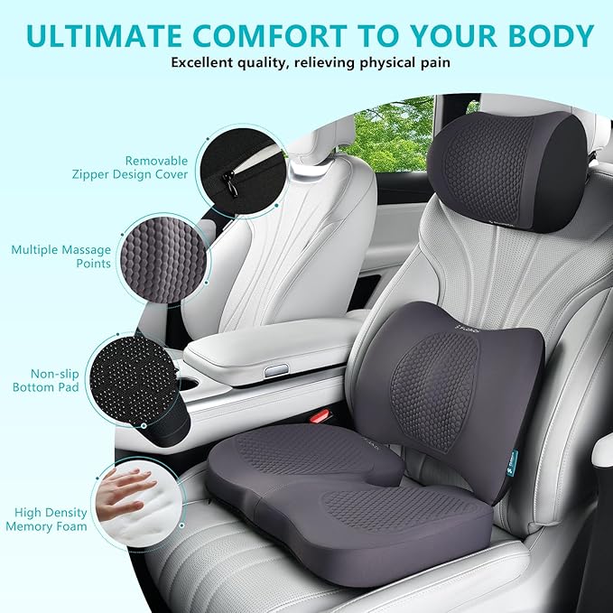 FLORICH 3 PCS Seat Cushion for Carseat Lumbar Support Pillow Car Neck Headrest Pillows Memory Foam Gel Memory Foam Massage Point Seat Pads Pressure Relief Back Cushion for Office Chair(Light Grey)