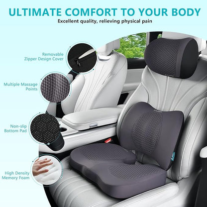 FLORICH 3 PCS Seat Cushion for Carseat Lumbar Support Pillow Car Neck Headrest Pillows Memory Foam Gel Memory Foam Massage Point Seat Pads Pressure Relief Back Cushion for Office Chair(Light Grey)