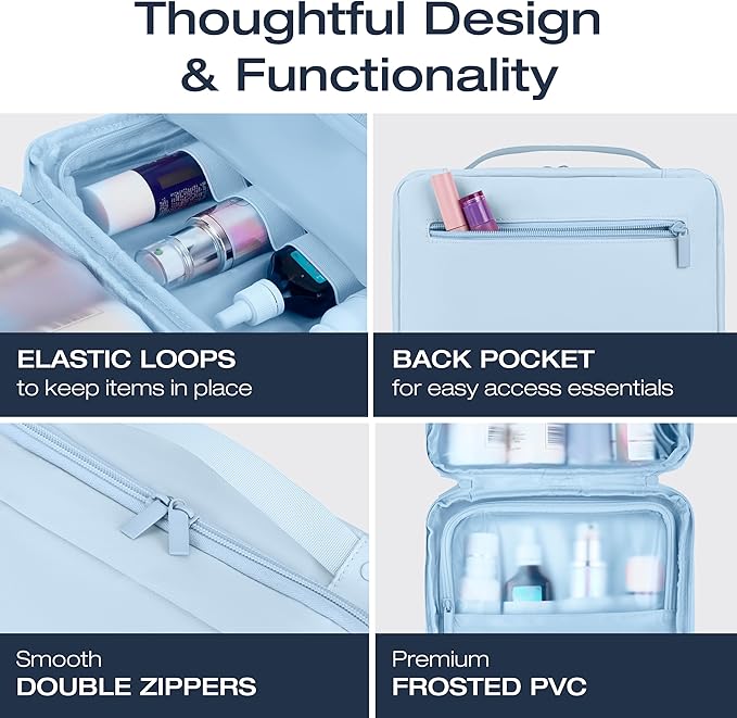 KAZAY Hanging Toiletry Bag with TSA Approved Detachable Pouch, Travel Toiletry Bag, Water Resistant, Premium Nylon, Travel Size Toiletries, Cosmetic Bag, Unisex (Light Blue)