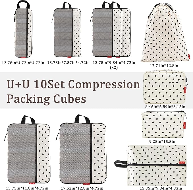 U+U 10 Set Compression Packing Cubes - Ultralight Travel Organizers with Laundry Bag and Cosmetic Bag, Space-Saving Suitcase Organizer for Travel, Business Trip and Family Vacation (Polka Dot)