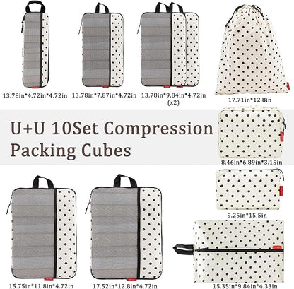 U+U 10 Set Compression Packing Cubes - Ultralight Travel Organizers with Laundry Bag and Cosmetic Bag, Space-Saving Suitcase Organizer for Travel, Business Trip and Family Vacation (Polka Dot)