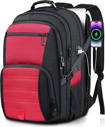 50L Extra Large Backpack,Laptop Backpack, Travel Backpack for Men, Big Backpack, Water Resistant School Approved Business Work Computer Heavy Duty Bag with USB Port, Fits 17 Inch Laptop, Red