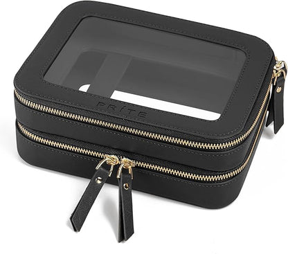 Prite Clear Makeup Bags Double Layer Cosmetic Bags with a Separate Brush Compartment Travel Makeup Bag for Women Travel Accessories Organizer for Purse(Black)