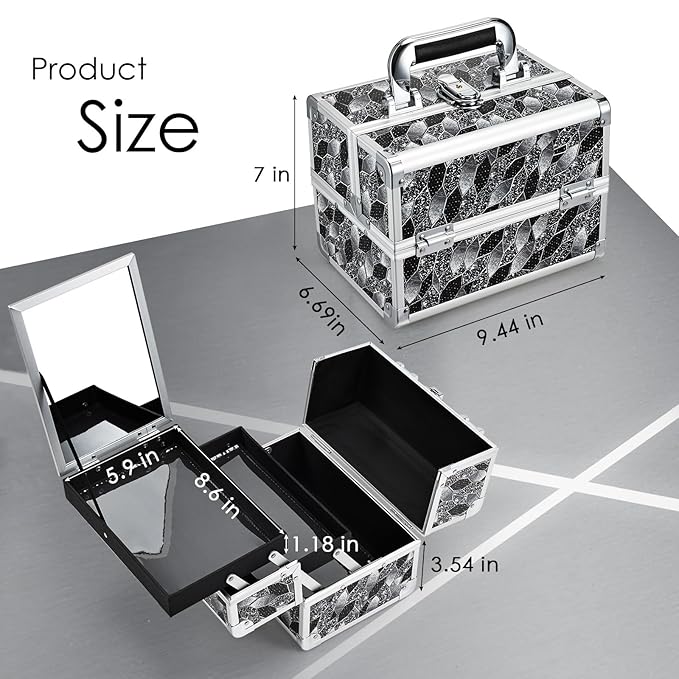 Joligrace Makeup Case Organizer Makeup Box Portable Cosmetic Train Case Hard Vanity Storage with 2 Trays Mirror Locking Make Up Travel Case for Cosmetics Nail Kits Travelling Organizer Modern Style
