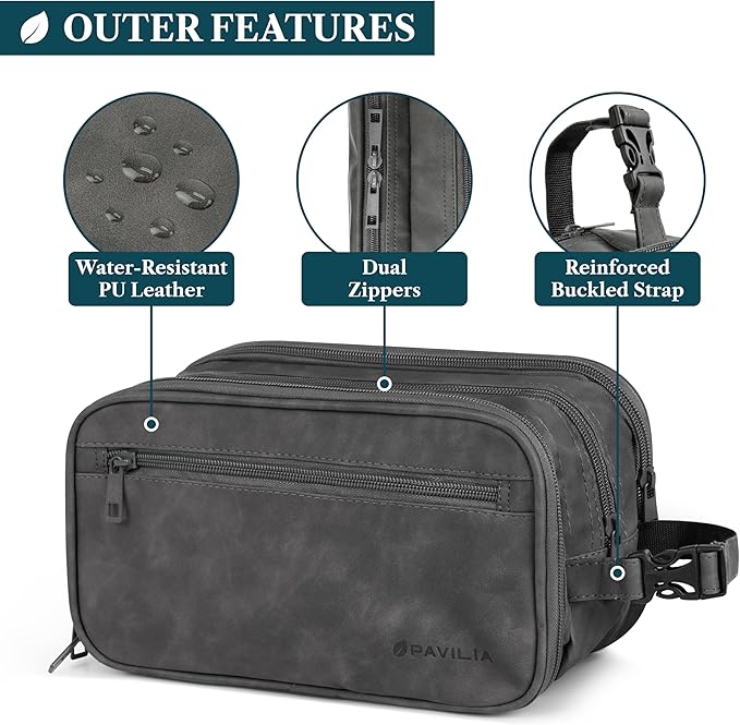 PAVILIA Toiletry Bag for Men, Travel Pouch Essentials Shaving Dopp Kit, Travel Bag Toiletries Organizer Case, Cosmetic Make Up Accessory, Water Resistant