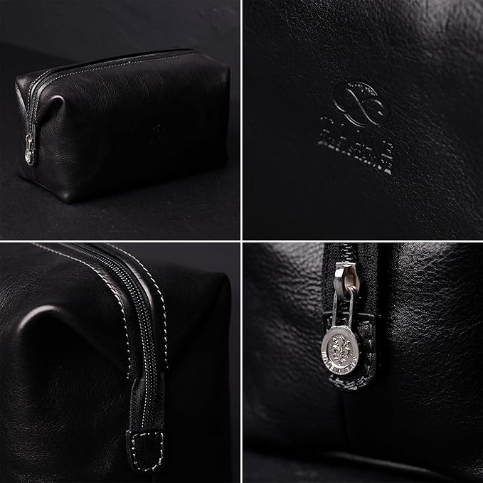 Time Resistance Leather Toiletry Bag Cosmetic Case Italian Classy Dopp Kit