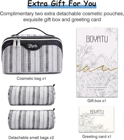BOYATU Travel Makeup Bag for Women: Large Capacity Open Flat Make up Bag Set of 3 - Vegan Leather Cosmetic Bag with Compartments - Waterproof Toiletry Bag with Handle & Divider(I-2-Black)