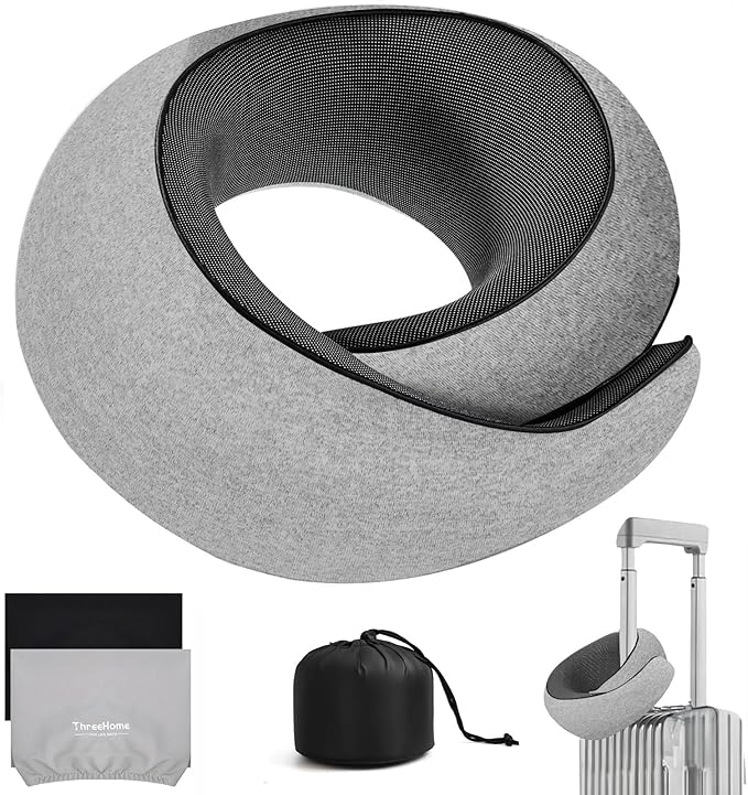 Travel Neck Pillows for Airplanes, Premium 100% Memory Foam Neck Pillow with Alternative Cooling Ice Silk Cover - Upgrade Liner Enables Easy Pillowcase Cleaning, Travel Pillow Fits Plane, Car, Train