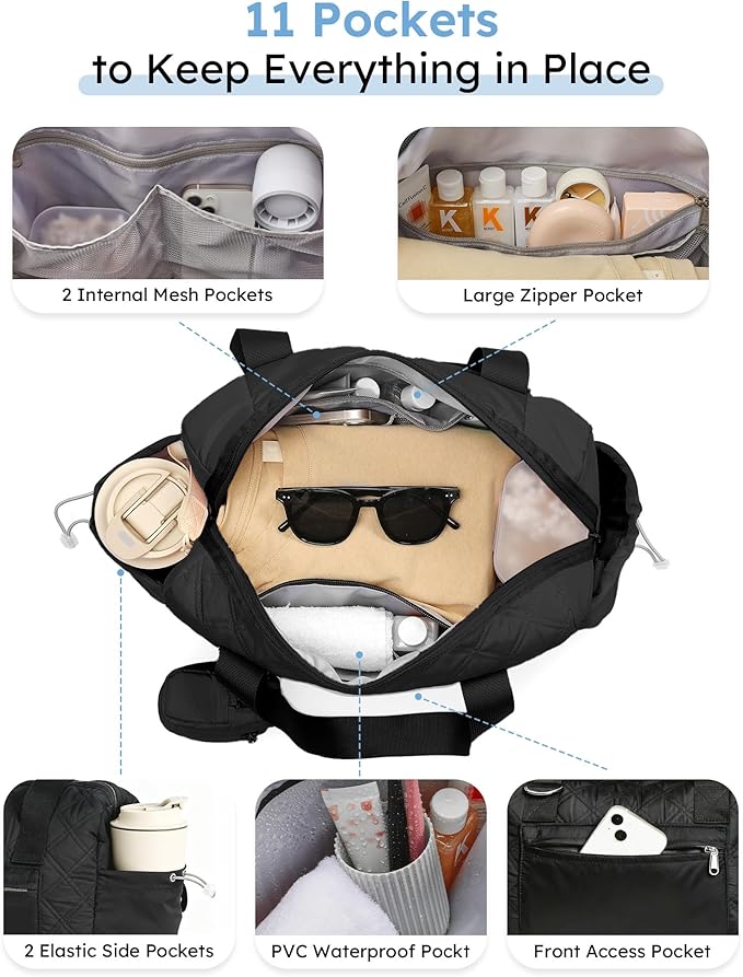 Kookoomia Small Gym Bag for Women, Mini Sports Duffle Bag for Workout Dance Ballet Yoga Gymnastics, Quilted Lightweight Puffer Travel Tote with Detachable Coin Purse & Wet Pocket, Black