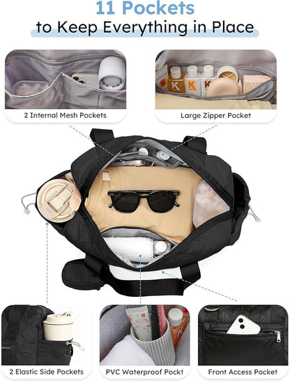 Kookoomia Small Gym Bag for Women, Mini Sports Duffle Bag for Workout Dance Ballet Yoga Gymnastics, Quilted Lightweight Puffer Travel Tote with Detachable Coin Purse & Wet Pocket, Black