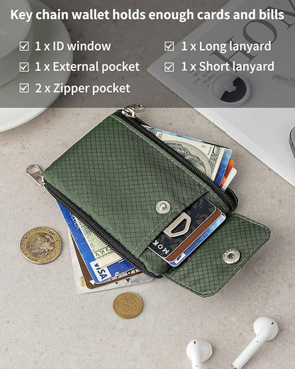 Minimalist Wallet For Mens Womens, Keychain RFID Blocking Zipper Small Wallet with ID Window 2 Lanyards,Water Resistant Travel Cash Card Coin Case Boys Girls