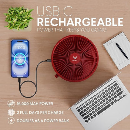 VENTY Portable Fan - Wireless Battery Operated Fan - 4 Speeds - LED Lighting - Carry Case & Remote Control - Cruise Travel - Outdoor Travel RV Power Bank With USB-C Port (Red with Case)