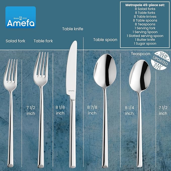 Amefa Metropole 45-Piece Flatware, Set for 8 – Stainless Steel Silverware, Polished Mirror Finish, Ergonomic Rust-Resistant Cutlery, Forks, Knives, Spoons, Salad Forks & Teaspoons for Dining & Parties