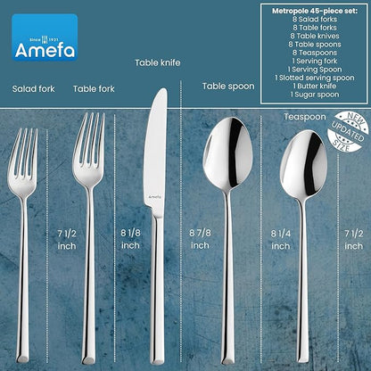 Amefa Metropole 45-Piece Flatware, Set for 8 – Stainless Steel Silverware, Polished Mirror Finish, Ergonomic Rust-Resistant Cutlery, Forks, Knives, Spoons, Salad Forks & Teaspoons for Dining & Parties