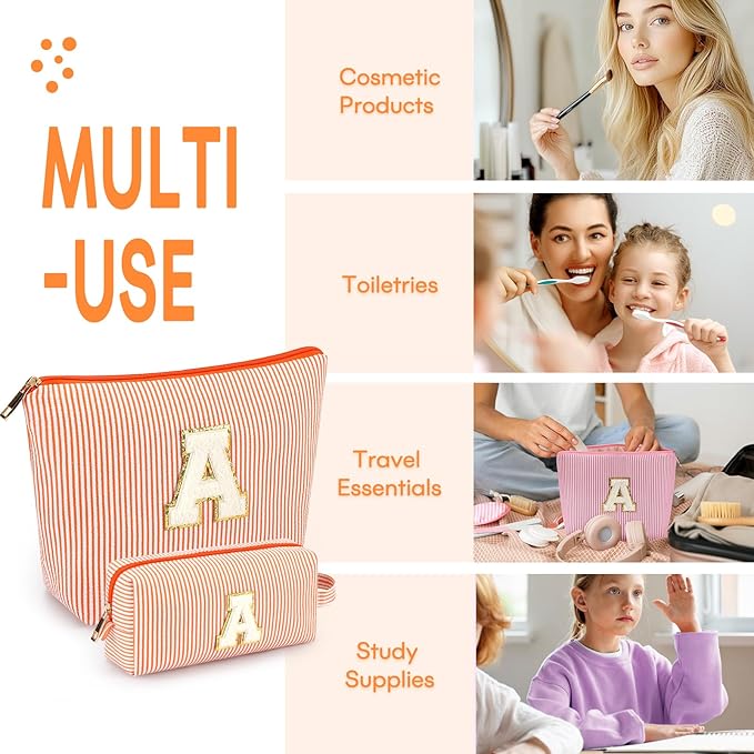 2 PCS Initial Makeup Bags for Women: Cosmetic Bag for Travel Toiletry - Birthday Gifts for 11 12 13 14 15 16 17 18 Years Old Girl Graduation Teacher Gift- Teen Girl Gifts Trendy Stuff - Orange A