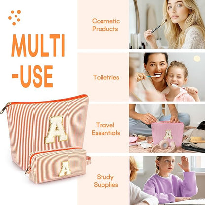 2 PCS Initial Makeup Bags for Women: Cosmetic Bag for Travel Toiletry - Birthday Gifts for 11 12 13 14 15 16 17 18 Years Old Girl Graduation Teacher Gift- Teen Girl Gifts Trendy Stuff - Orange A