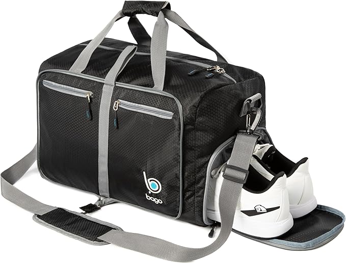 Bago Foldable Duffel Bags for Traveling Women & Men - 40L Sports Packable Duffle Bag for Travel with Shoe Compartment - Water Repellant, Heavy Duty, Lightweight Folding & Collapsible (Black)