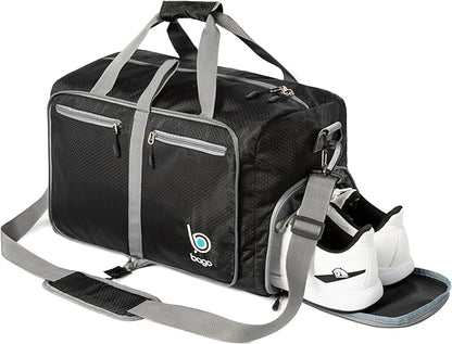 Bago Foldable Duffel Bags for Traveling Women & Men - 40L Sports Packable Duffle Bag for Travel with Shoe Compartment - Water Repellant, Heavy Duty, Lightweight Folding & Collapsible (Black)
